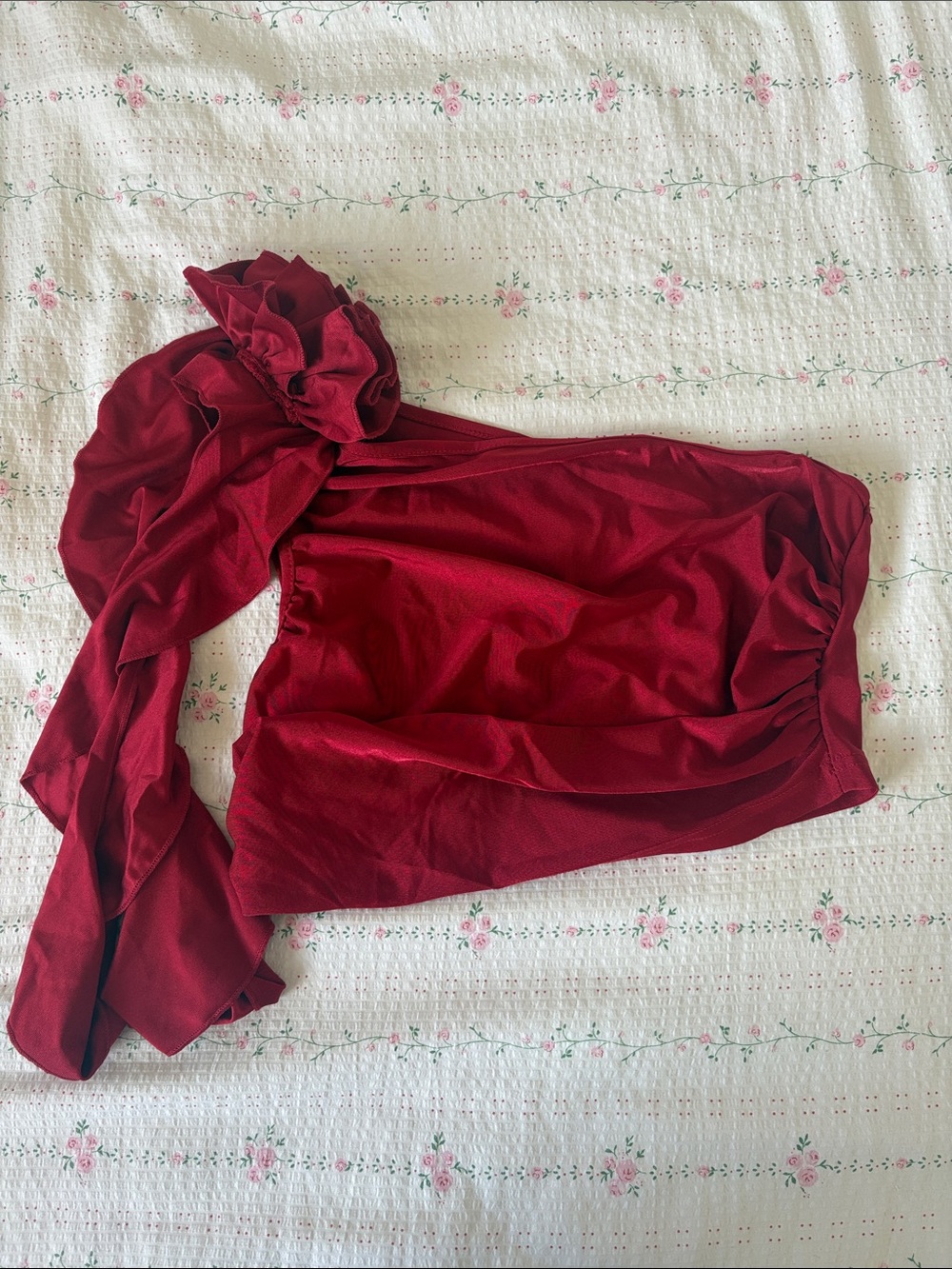 One-Shoulder Burgundy Satin Crop Top
